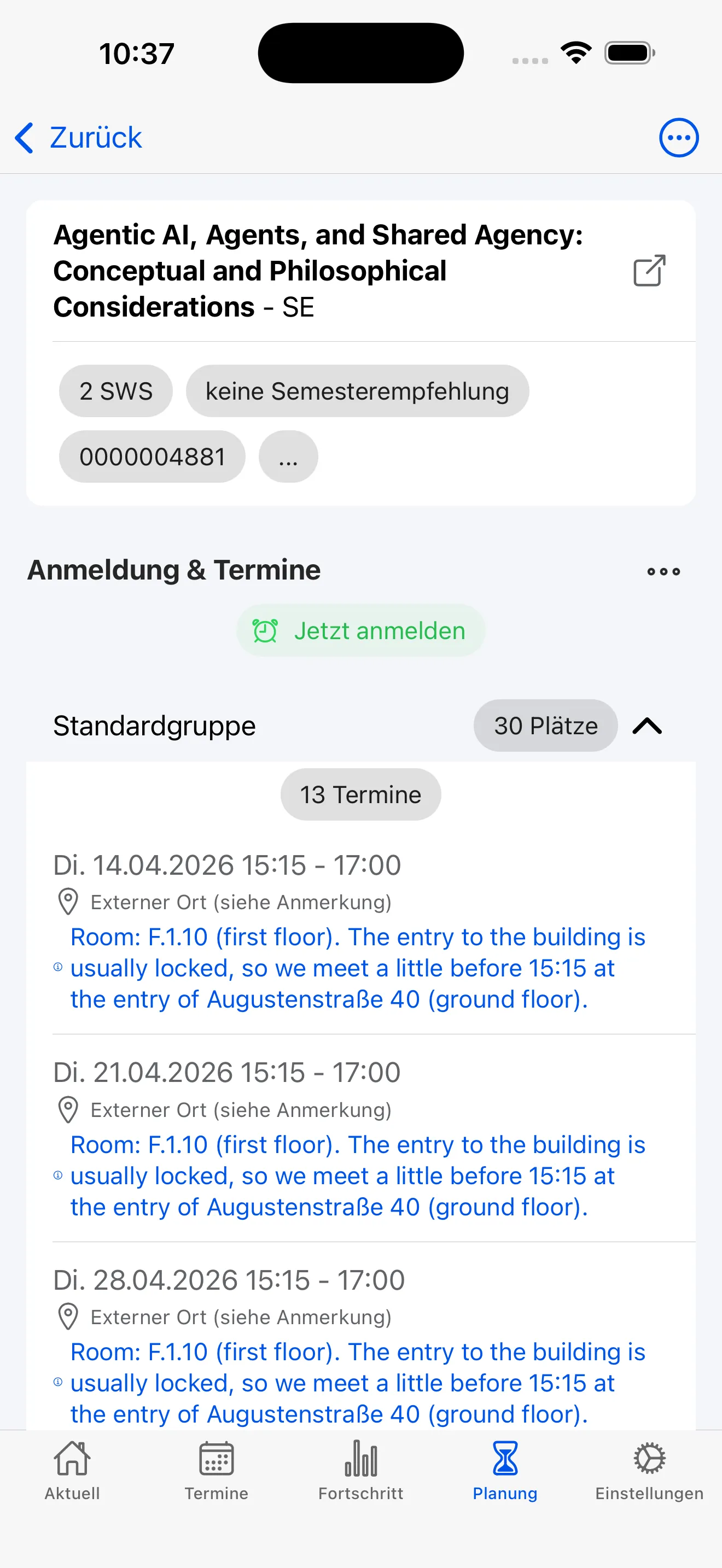 Lehrveranstaltungsdetails – Anmeldestatus