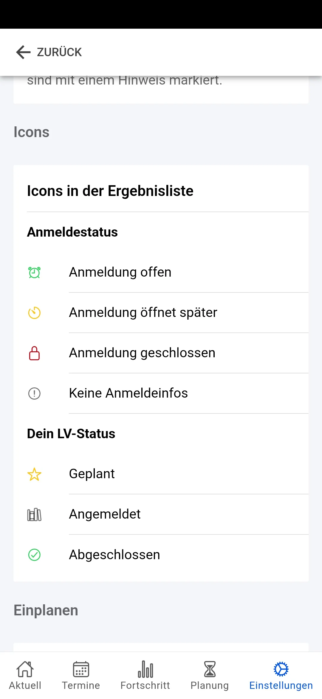Lehrveranstaltungen & Planung – Status-Icons erklärt