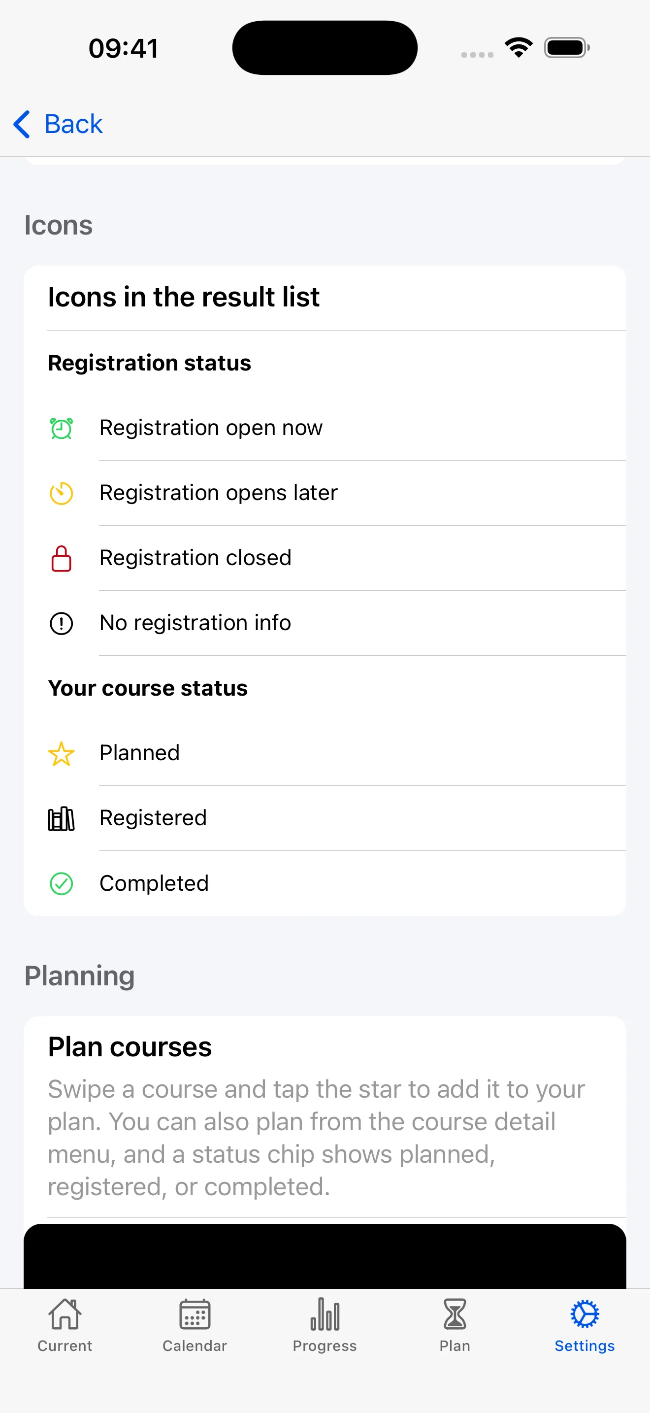 Courses & Planning – Status Icons Explained