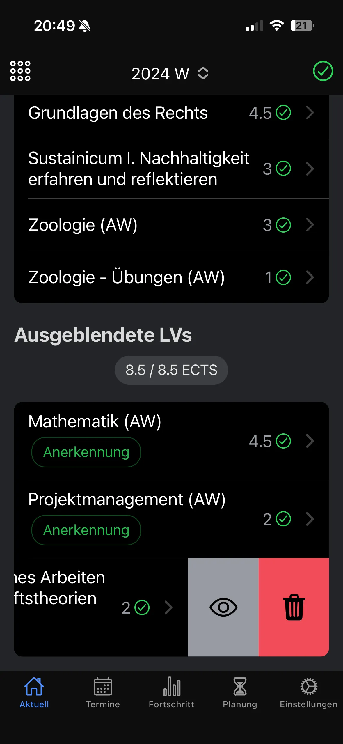 Startseite – Ausgeblendete Kurse & Verwaltung